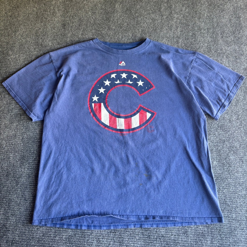 Majestic Chicago Cubs MLB T Shirt Mens XL Blue Stars Stripes Flag Logo 2805